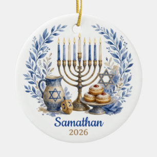 Adorno De Cerámica Menorá de Hanukkah 2026 con nombre personalizado S