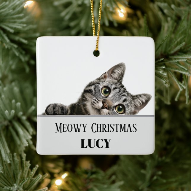 Adorno De Cerámica Meowy Christmas Custom Cat Photo & Name Ornament (Árbol)