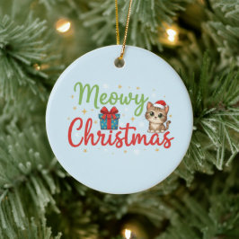 Adorno De Cerámica Meowy Christmas - Cute Cat & Gift Box Holiday