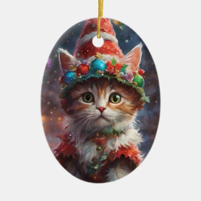 Adorno De Cerámica Meowy Navidades Elf Kitten Ornament (Frente)