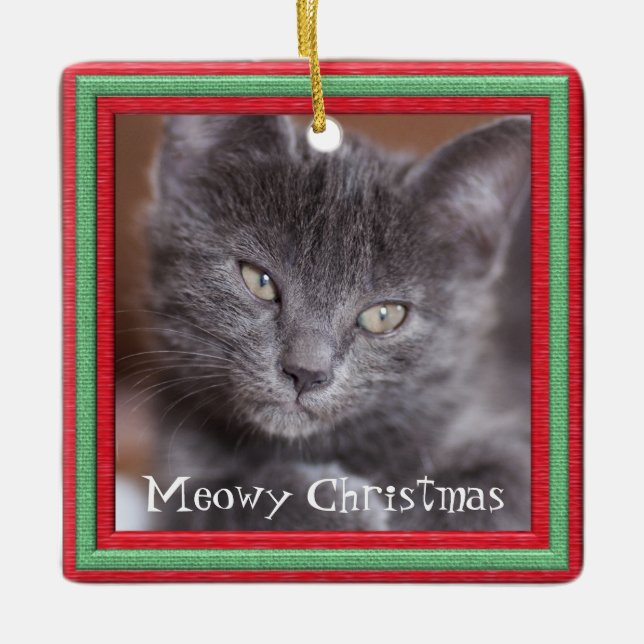 Adorno De Cerámica Meowy Navidades enmarcan a Personalizable Kitty (Anverso)