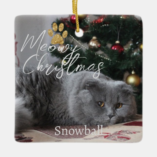 Adorno De Cerámica Meowy Navidades Personalizado Cat Photo & Paw (Anverso)