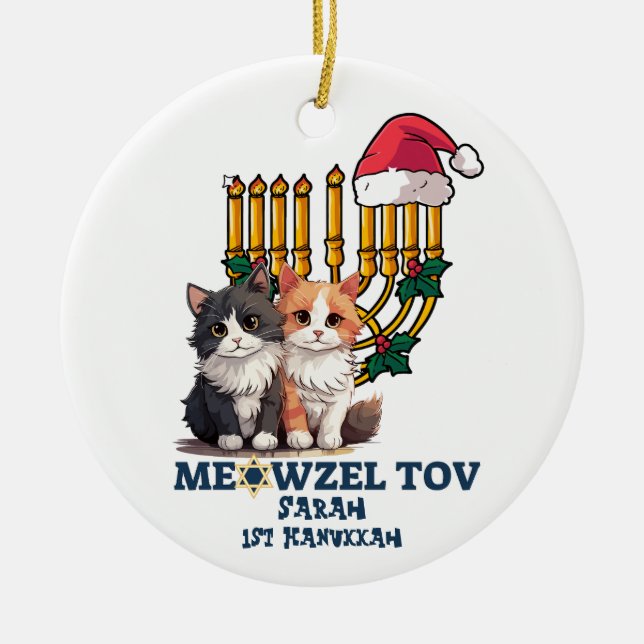Adorno De Cerámica Meowzel Tov Cute Happy Hanukkah (Frente)