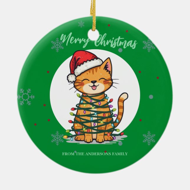 Adorno De Cerámica Merry and Bright cat Christmas kitten snow winter (Atrás)