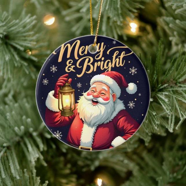 Adorno De Cerámica Merry Bright Santa Holding Lantern Illustration (Árbol)