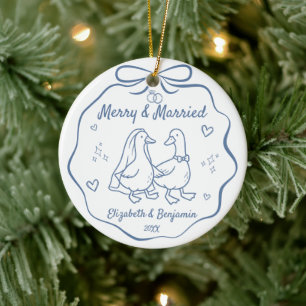 Adorno De Cerámica Merry & Casados 1er Navidad Foto Dibujada a Mano