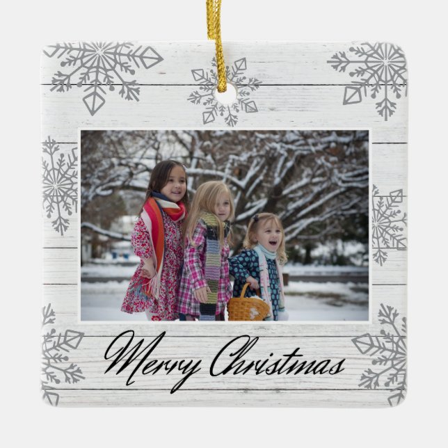 Adorno De Cerámica Merry Christmas 2 Photo Wood Silver Snowflakes  (Anverso)
