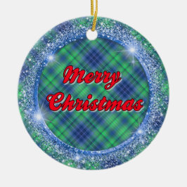 Adorno De Cerámica Merry Christmas Blue Plaid Faux Purpurina Frame