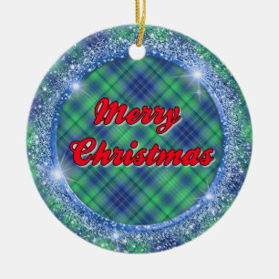 Adorno De Cerámica Merry Christmas Blue Plaid Faux Purpurina Frame