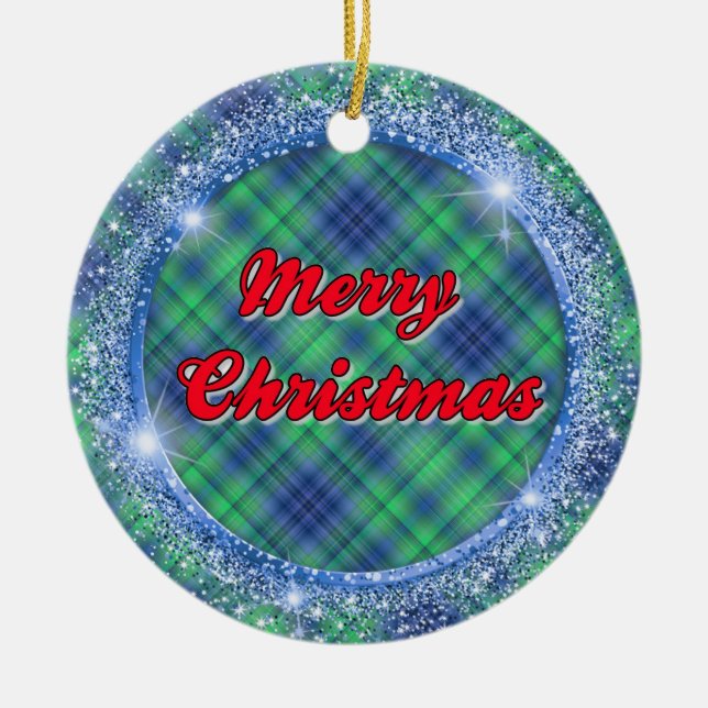 Adorno De Cerámica Merry Christmas Blue Plaid Faux Purpurina Frame (Frente)