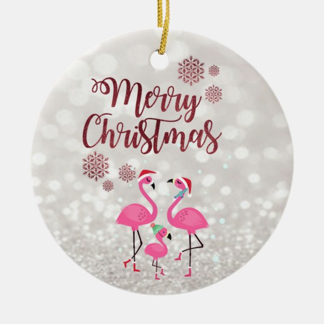 Adorno De Cerámica Merry Christmas,Bokeh,Flamingos Family Santa Hat (Frente)