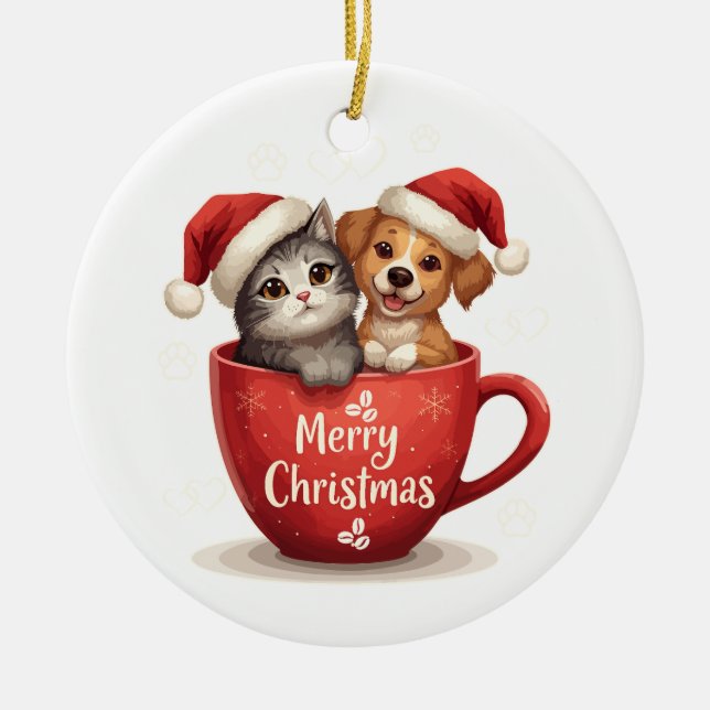 Adorno De Cerámica Merry Christmas Cat and Dog in Mug, Cute Pet (Frente)