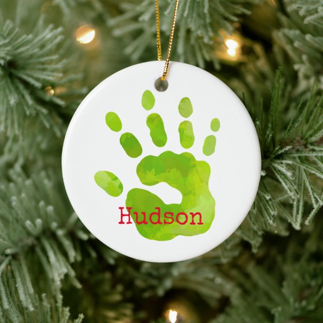 Adorno De Cerámica Merry Christmas Child Handprint Green NAME Red Fun (Árbol)