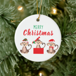 Adorno De Cerámica Merry Christmas Cute Monkeys Navidades Gorras