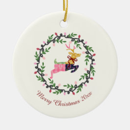 Adorno De Cerámica Merry Christmas Deer with Wreath Customize