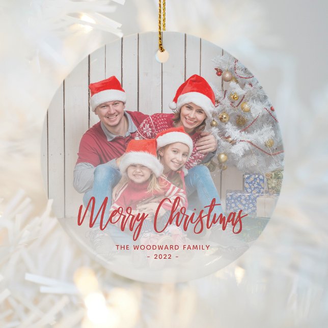 Adorno De Cerámica Merry Christmas Family Photo Red Script (Subido por el creador)