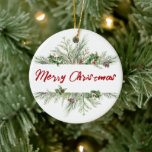 Adorno De Cerámica Merry Christmas Framed Winter Wheath Greeting<br><div class="desc">Bright Red and Green Framed Holiday Greeting Ornament with Evergreen Christmas tree pine branches, cones, berries and customizable phrase "Merry Christmas" you can change to "Happy New Year" or "Happy Holidays" and other. More featured Christmas Wishing cards you can find in my Zazzle store PatterndigitPics or write me e-mail to...</div>