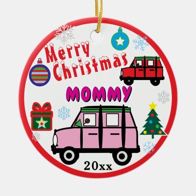 Adorno De Cerámica Merry Christmas Mommy Pink Car Kids PHOTO (Frente)