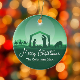 Adorno De Cerámica Merry Christmas Nativity Scene Green Religious