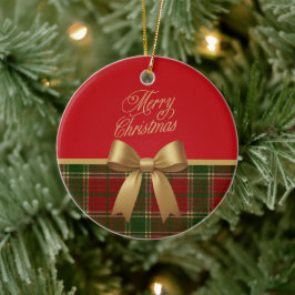 Adorno De Cerámica Merry Christmas Plaid Ornament with Gold Bow