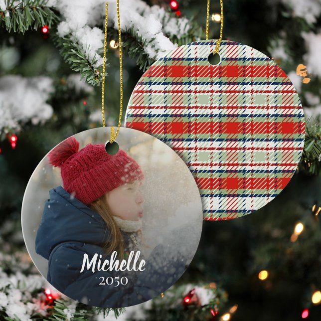 Adorno De Cerámica Merry Christmas Red Green Plaid Custom Photo  (Christmas Photo Ornament with red and green plaid and personalized with name and year.)