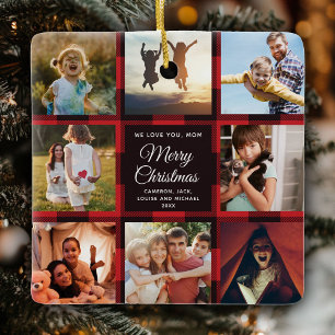 Adorno De Cerámica Merry Christmas Red Plaid Multiple Collage de foto
