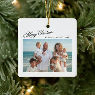 Adorno De Cerámica Merry Christmas Script Elegante Foto Familiar
