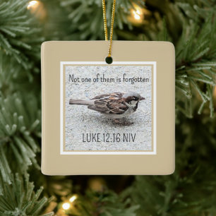 Adorno De Cerámica Merry Christmas Sparrow Bird Photo Bible Verse