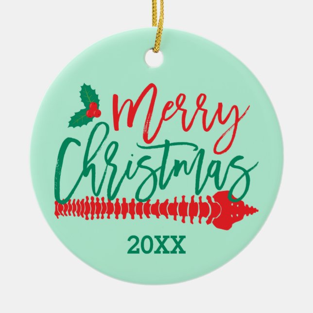 Adorno De Cerámica Merry Christmas Spine Holly Chiropractic (Frente)