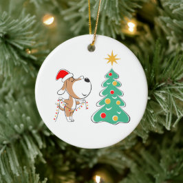 Adorno De Cerámica Merry Christmas Tree Cupy Perro Santa Hat