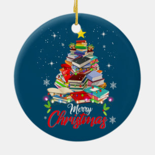 Adorno De Cerámica Merry Christmas Tree Love Leer libros Bibliotecari