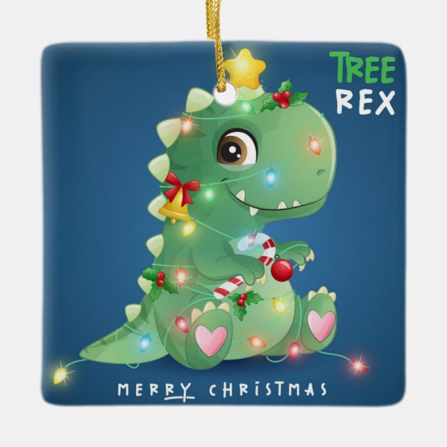 Adorno De Cerámica Merry Christmas Tree Rex Dinosaur (Anverso)