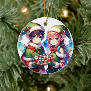 Adorno De Cerámica Merry Christmas Watercolor Anime Elves Personaliza