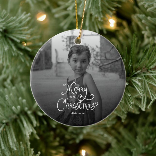 Adorno De Cerámica Merry Christmas Whimsical Script custom Photo Dog (Árbol)