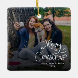 Adorno De Cerámica Merry Christmas Whimsical Script Family Photo Dog