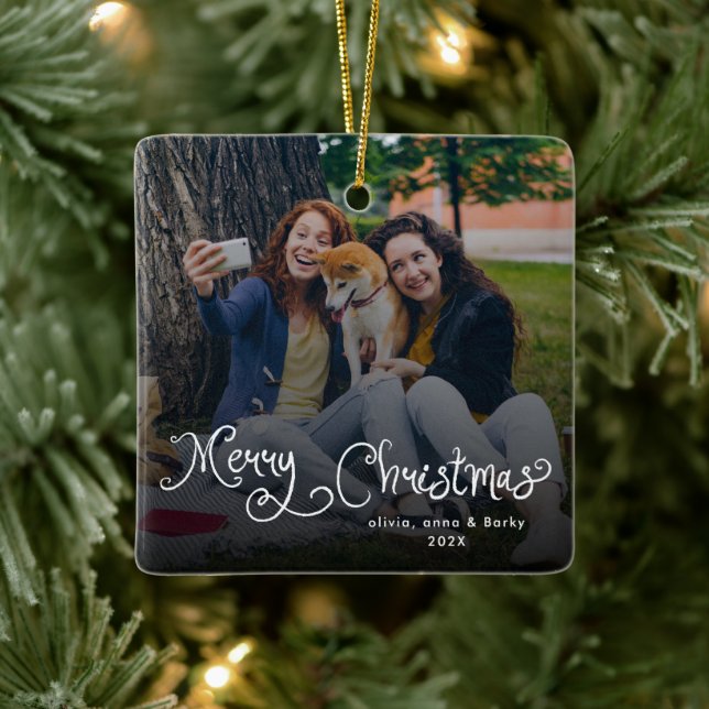 Adorno De Cerámica Merry Christmas Whimsical Script Family Photo Dog (Árbol)