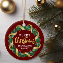 Merry Christmas Wreath Gold Family Custom Red