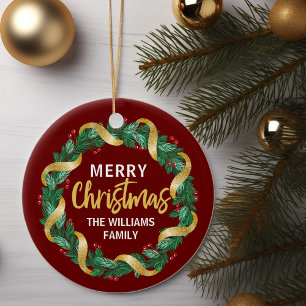Adorno De Cerámica Merry Christmas Wreath Gold Family Custom Red