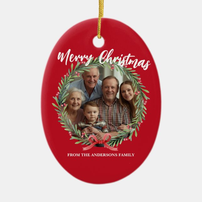 Adorno De Cerámica Merry Christmas Wreath Photo Personalized Family N (Frente)