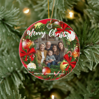 Adorno De Cerámica Merry Christmas Wreath Photo Personalized Family N