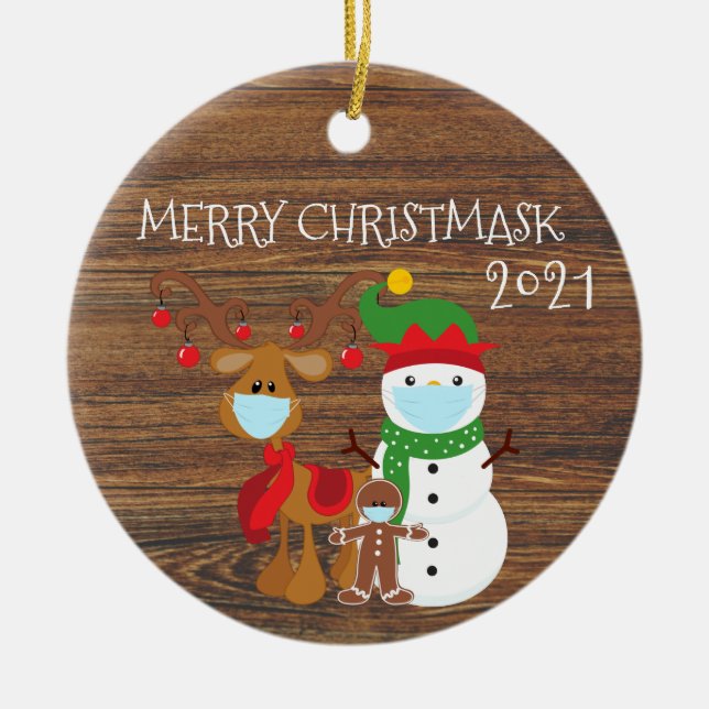 Adorno De Cerámica Merry Christmask Reindeer Madera Cuarentena 2020 (Frente)