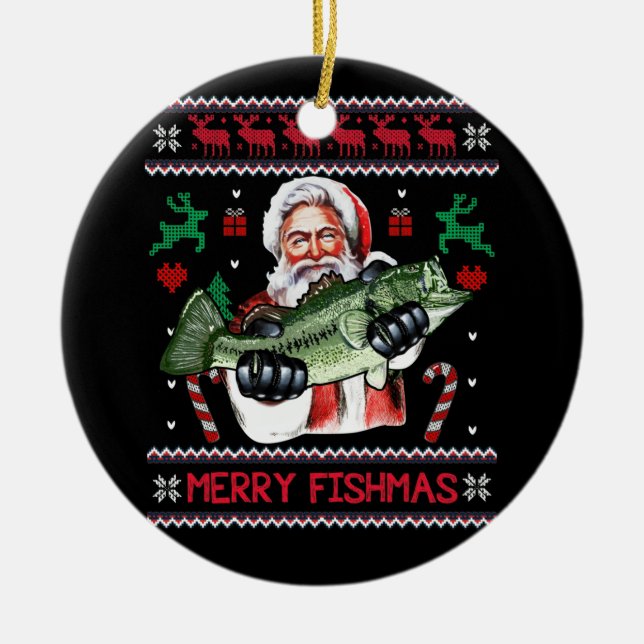 Adorno De Cerámica Merry Fishmas Santa Fishing Navidades feos suéter (Frente)