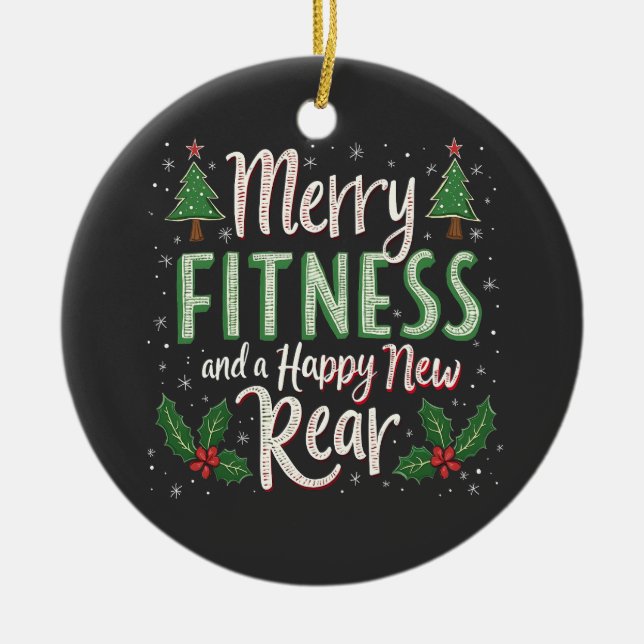 Adorno De Cerámica Merry Fitness y Feliz Nueva Navidad de Construcció (Frente)