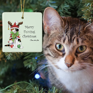 Adorno De Cerámica Merry Fuzzing Christmas Cat