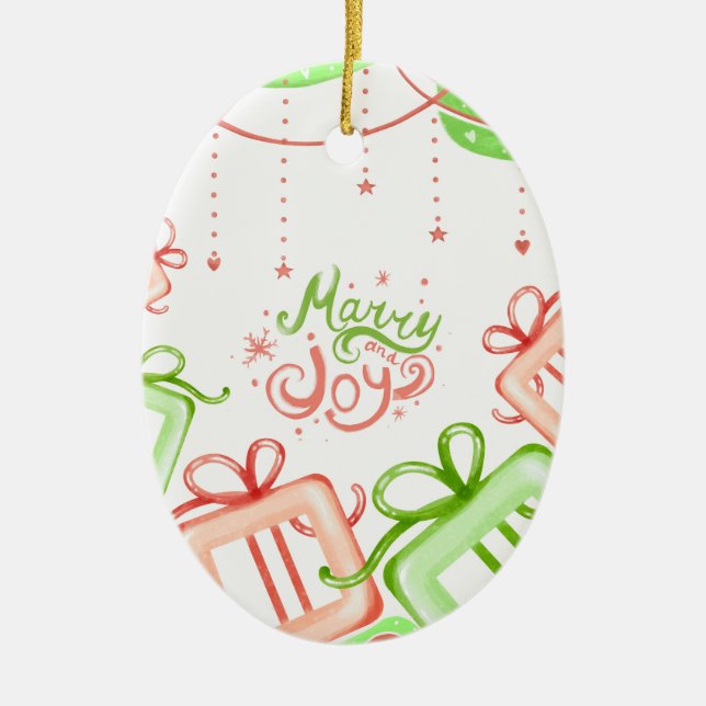 Adorno De Cerámica Merry Joy Christmas Greetings with Gifts Design (Frente)