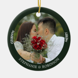 Adorno De Cerámica Merry Married Personalizado Photo Forest Green