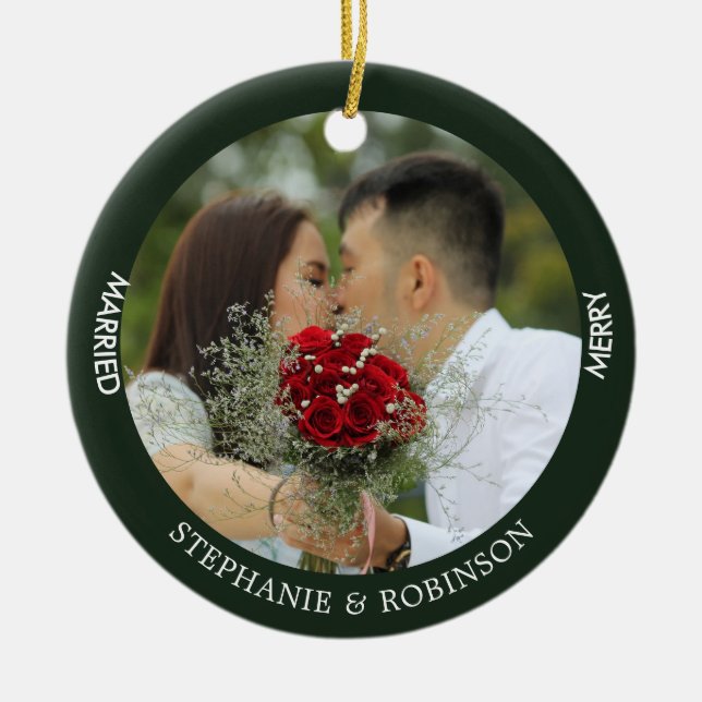 Adorno De Cerámica Merry Married Personalizado Photo Forest Green (Frente)