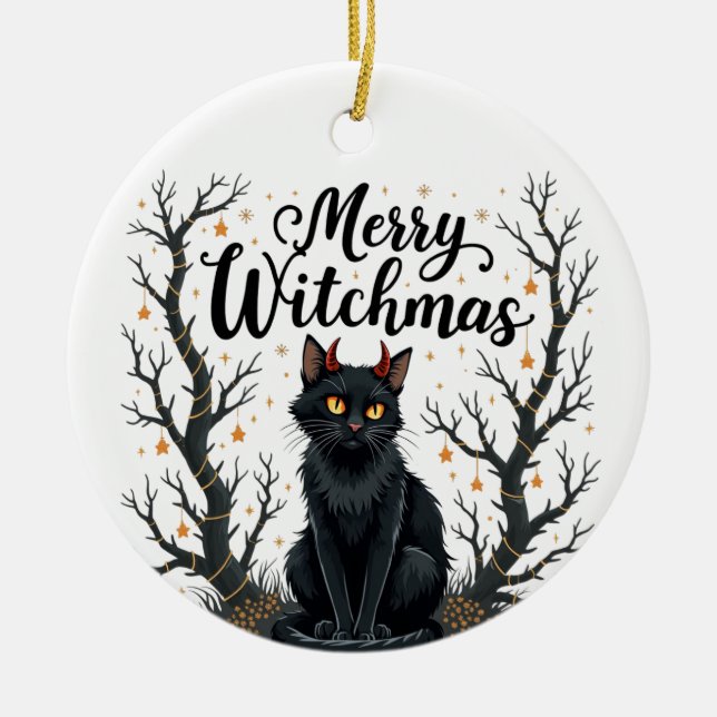 Adorno De Cerámica Merry Witchmas Black Cat Ornament (Frente)