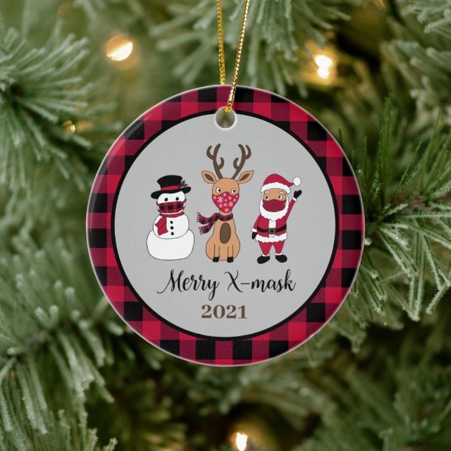Adorno De Cerámica Merry X-Mask Funny Buffalo Plaid Santa (Árbol)