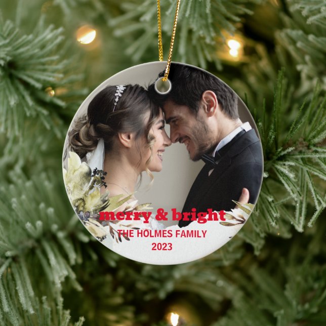 Adorno De Cerámica Merry y Bright | Foto de pareja de Navidades de co (Árbol)